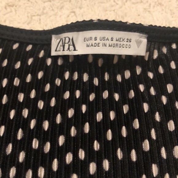 Zara Long Sleeve Black White Polka Dot Pleated Crop Blouse with Tie Accent Small - Picture 5 of 6